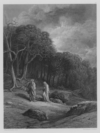 Vivien und Merlin betreten den Wald von Gustave after Dore